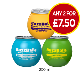 BuzzBall Passionfruit Martini, Berry Cherry Limeade, Lime 'Rita - Any 2 for £7.50 at Budgens