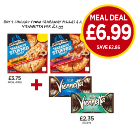 Chicago Town Pizza Takeaway Stuffed Crust Loaded Cheese, Pepperoni, Viennetta Vanilla, Mint - Buy 2 Chicago Town Pizzas & A Viennetta for £6.99 at Budgens