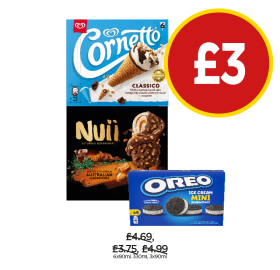 Cornetto Classic, Nuii Salted Caramel & Macadamia, Oreo Mini - Now Only £3 at Budgens