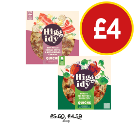 Higgidy Quiche Smoked Bacon & Cheddar, Spinach Red Pepper & Greek Feta - Now Only £4 at Budgens