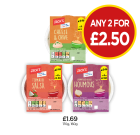 Jack's Cheese & Chive, Tomato Salsa, Caramelised Onion Houmous - Any 2 for £2.50 at Budgens