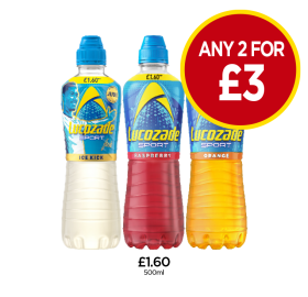 Lucozade Orange, Raspberry, Ice Kick - Any 2 for £3 at Budgens
