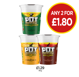 Pot Noodle Chicken & Mushroom, Curry, Beef & Tomato - Any 2 for £1.80 at Budgens