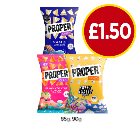 Proper Chips Sea Salt Lentil, Prawn Cocktail, Corn Sweet & Salty - Now Only £1.50 at Budgens