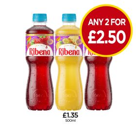 Ribena Strawberry, Tropical & Passion Fruit, Raspberry - Any 2 for £2.50 at Budgens