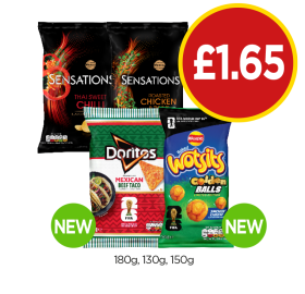 Sensations Thai Sweet Chilli, Roasted Chicken, Doritos Mexican Beef Taco, Wotsits Golden Balls - Now Only £1.65 at Budgens