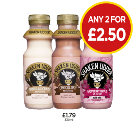 Shaken Udder Milkshakes Vanillalicious, Chocolush, Raspberry Ripple - Any 2 for £2.50 at Budgens