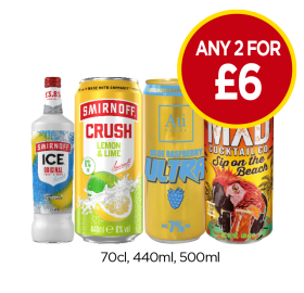 Smirnoff Ice Original, Crush Lemon & Lime, Au Vodka Blue Raspberry Ultra, MXD Cocktail Sip On The Beach - Any 2 for £6 at Budgens