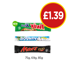 Twix Hazelnut Xtra, Bounty Trio, Mars Duo - Now Only £1.39 at Budgens