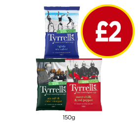 Tyrrells Sea Salted, Sea Salt & Vinegar, Sweet Chilli & Red Pepper - Now Only £2 at Budgens