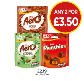 Aero Melts, Peppermint Bubbles, Munchies - Any 2 for £3.50 at Budgens