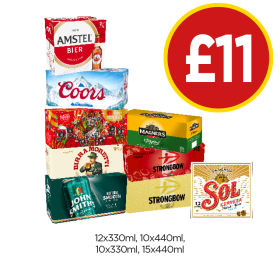 Amstel, Coors, Madri, Magners, Moretti, Strongbow, Strawberry, John Smiths, Sol Cerveza - Now Only £11 at Budgens