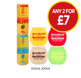 Au Vodka Strawberry, Blue Raspberry, Buzz Ball Chilli Mango, Strawberry, Choc Tease, Tequila - Any 2 for £7 at Budgens