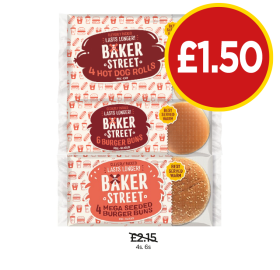 Baker Street Hot Dog Rolls, Burger Buns, Mega Seeded Burger Buns - Now Only £1.50 at Budgens