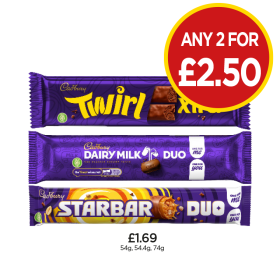 Cadbury Duo Twirl Xtra, Dairy Milk, Starbar - Any 2 for £2.50 at Budgens