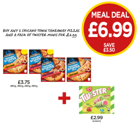 Chicago Town Takeaway Stuffed Crust Loaded Cheese, Pepperoni, Twister Mini - Buy Any Chicago Town Takeaway Pizzas And A Pack Of Twister Minis For £6.99 at Budgens