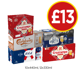 Cruzcampo, Carlsberg Export, Poretti, Kronenbourg, Cruzcampo - Now Only £13 at Budgens