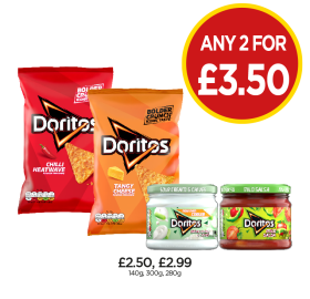 Doritos Chilli Heatwave, Tangy Cheese, Sour Cream & Chives, Mild Salsa - Any 2 for £3.50 at Budgens