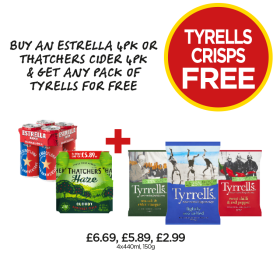Estrella, Thatchers Haze, Tyrrells Sea Salt & Cider, Lightly Salted, Sweet Chilli - Buy Estrella Or Thatchers Cider & Get Any Pack Of Tyrrells For FREE at Budgens