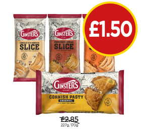 Ginsters Slice Chicken & Mushroom, Peppered Steak, Chicken Tikka, Cornish Pasty - Now Only £1.50 at Budgens