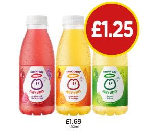 Innocent Juicy Water Raspberry & Blackcurrant, Pineapple & Orange, Lemon & Lime - Now Only £1.25 at Budgens