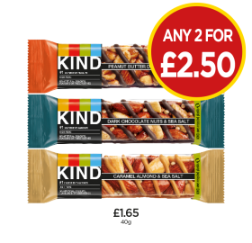 Kind Peanut Butter Dark Choc, Dark Choc Nuts, Caramel Almond - Any 2 for £2.50 at Budgens