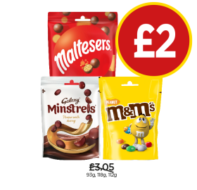 Maltesers, Minstrels, M&M's Peanut - Now Only £2 at Budgens