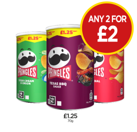 Pringles Sour Cream & Onion, Texas BBQ Sauce, Original - Any 2 for £2 at Budgens