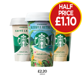 Starbucks Caffe Latte, Blissful Retreat, Caramel Macchiato - Now Half Price Only £1.10 at Budgens