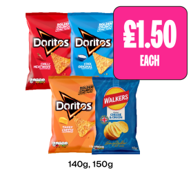 Doritos Chilli Heatwaves, Cool Original, Tangy Cheese, Walkers Cheese & Onion - Now Only £1.50 at Budgens