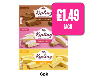 Mr Kipling Chocolate Slices, Angel Slices, Lemon Layered Slices - Now Only £1.49 at Budgens