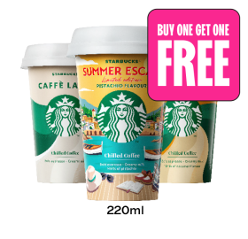 Starbucks Caffe Latte, Summer Escape Pistachio, Caramel Macchiato - Buy One Get one FREE at Budgens