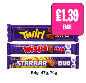Twirl Xtra, Wispa Duo, Starbar Duo - Now Only £1.39 at Budgens