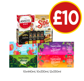 Amstel, Sol Cerveza, Kopparberg Variety, Thatchers Juicy Apple, Apple & Blackcurrant, Haze, Blood Orange - Now Only £10 at Budgens