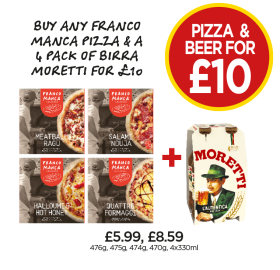 Franco Manca Meatball Ragu, Salami 'Nduja, Halloumi & Hot Honey, Quattro Formaggi, Moretti - Buy Any Franco Manca Pizza & A Pack Of Moretti for £10 at Budgens