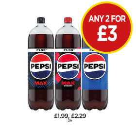 Pepsi, Max, Cherry Max - Any 2 for £3 at Budgens