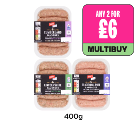 Jack's Sausages Cumberland, Lincolnshire, Traditional - Any 2 for £6 at Budgens