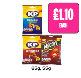 KP Original Salted Peanuts, Dry Roasted, McCoys Flame Grilled Steak - Now Only £1.10 at Budgens