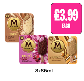 Magnum Utopia Double Hazelnut, Cherry, Double Gold Caramel Billionaire - Now Only £3.99 at Budgens