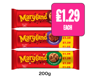 Maryland Cookies Choc Chip, Double Choc, Choc & Hazelnut - Now Only £1.29 at Budgens
