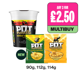Pot Noodle Bombay Bad Boy, Chicken & Mushroom, Original Curry - Any 3 for £2.50 at Budgens