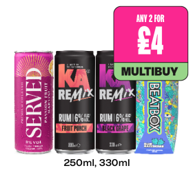 Served Passion Fruit Martini, KA Remix Fruit Punch, Black Grape, Beatbox - Any 2 for £4 at Budgens