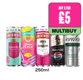 Smirnoff Raspberry Crush, Miami Peach, Vodka Cranberry, Captain Morgan Pepsi Max, Gordon's Gin & Diet Tonic - Any 3 for £5 at Budgens
