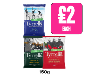 Tyrrells lightly Salted, Sea Salt & Vinegar, Sweet Chilli & Red Pepper - Now Only £2 at Budgens