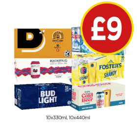 Draught, Coors, Rekorderlig, Foster's Shandy, Bud Light, Brewdog Cold Brew - Now Only £9 at Budgens