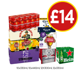 Estrella, Corona, Moretti, Stella Artois, Desperados, Strongbow Dark Fruits, Budweiser, Heineken - Now Only £14 at Budgens