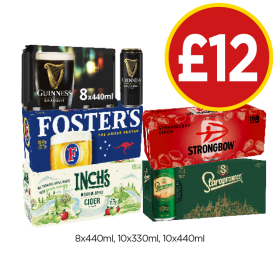 Guinness, Foster's, Strongbow Strawberry, Inch's, Staropramen - Now Only £12 at Budgens