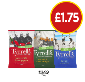 Tyrrells Sweet Chilli & Red Pepper, Salt & Cider Vinegar, Lightly Salted - Now Only £1.75 at Budgens