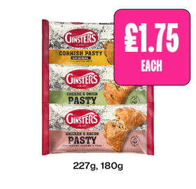 Ginsters Cornish Pasty, Cheese & Onion, Chicken & Bacon - Now Only £1.75 at Budgens
