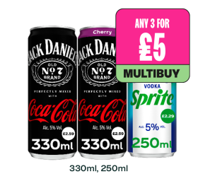 Jack Daniels Coca Cola, Cherry, Absolut Vodka Sprite - Any 3 for £5 at Budgens